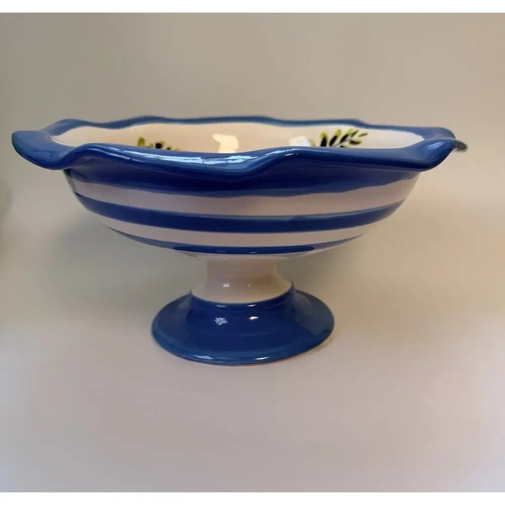 Ceramic Pedestal‎ Bowl Hand Painted Fruit From Spain Large Colorful 11x6 Decor